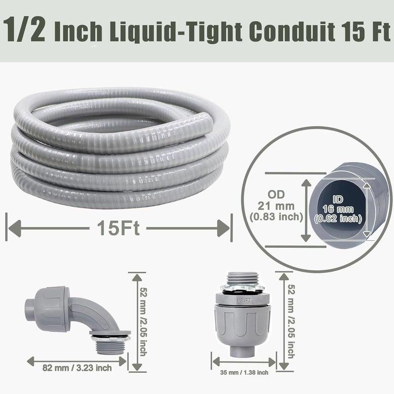 Feotech Liquid-Tight Conduit and Connector Kit - 1/2 Inch 15 FT Non Metallic Liquid Tight Electrical Conduit with 2 Straight and 2 Angle Fittings - Image 2